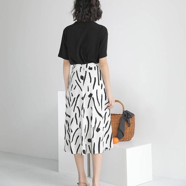レディース ボトムス スカート 幾何学模様 ミディ丈 エレガント シック カジュアル 大人可愛い フェミニン オフィス お出かけ デート デイリー リゾート ブラック ホワイト S M L 送料無料