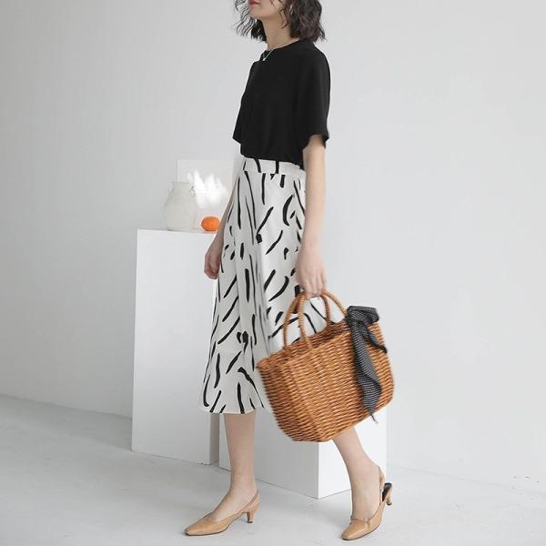 レディース ボトムス スカート 幾何学模様 ミディ丈 エレガント シック カジュアル 大人可愛い フェミニン オフィス お出かけ デート デイリー リゾート ブラック ホワイト S M L 送料無料