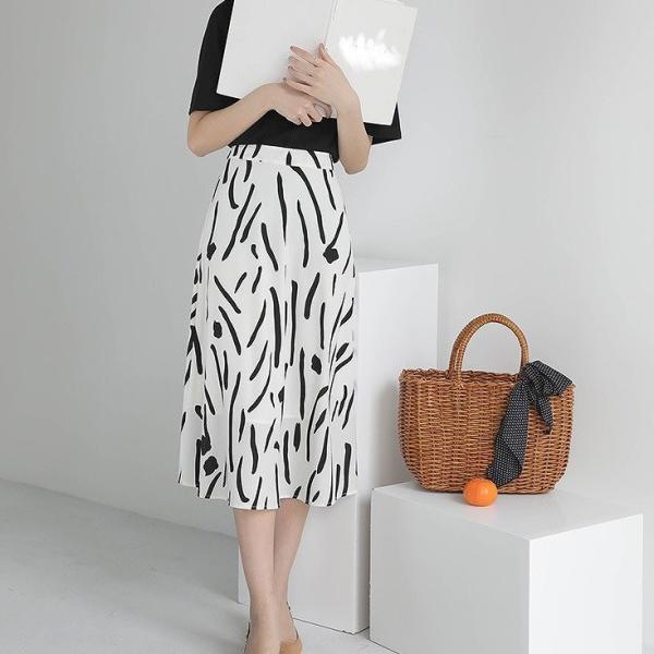 レディース ボトムス スカート 幾何学模様 ミディ丈 エレガント シック カジュアル 大人可愛い フェミニン オフィス お出かけ デート デイリー リゾート ブラック ホワイト S M L 送料無料