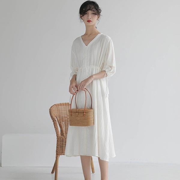 レディース ワンピース ミディ丈 無地 シフォン レース Vネック 7分袖 フレア 夏 清楚 カジュアル 大人可愛い フェミニン オフィス お出かけ デート デイリー リゾート ホワイト フリー 送料無料