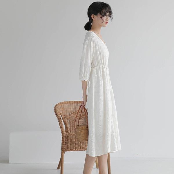 レディース ワンピース ミディ丈 無地 シフォン レース Vネック 7分袖 フレア 夏 清楚 カジュアル 大人可愛い フェミニン オフィス お出かけ デート デイリー リゾート ホワイト フリー 送料無料