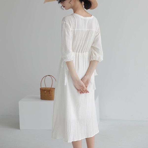 レディース ワンピース ミディ丈 無地 シフォン レース Vネック 7分袖 フレア 夏 清楚 カジュアル 大人可愛い フェミニン オフィス お出かけ デート デイリー リゾート ホワイト フリー 送料無料
