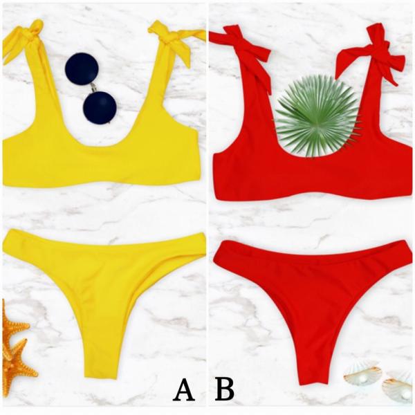 レディース　水着　ビキニ　Tバック　肩紐　無地　海　プール　スイミング　ビーチ　リゾート　マリン　海水浴　夏休み　旅行　可愛い　キュート　セクシー　女性　イエロー　レッド　S　M　L　XL　サイズ　送料無料