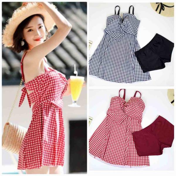 レディース　水着　ワンピース　パンツ　2点セット　サロペット　タンキニ　海　プール　スイミング　ビーチ　リゾート　マリン　海水浴　夏休み　旅行　可愛い　キュート　セクシー　女性　レッド　ブラック　M　L　XL　XXL　サイズ　送料無料