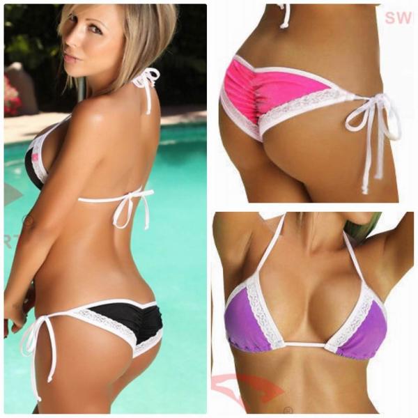 レディース　水着　ビキニ　三角ビキニ　レース　ホルターネック　海　プール　スイミング　ビーチ　リゾート　マリン　海水浴　可愛い　キュート　セクシー　女性　レッド　オレンジ　ピンク　パープル　ブラック　フリーサイズ　送料無料