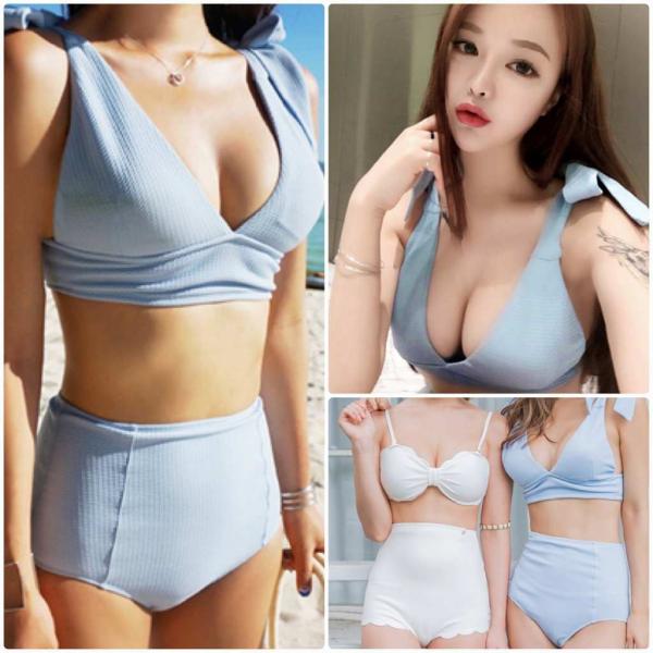レディース　水着　ビキニ　ハイウエスト　肩リボン　無地　カジュアル　大人可愛い　キュート　セクシー　海　プール　スイミング　スクール　ビーチ　リゾート　マリン　海水浴　ブルー　M　L　XL　送料無料