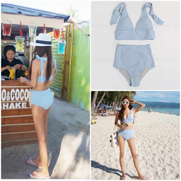 レディース　水着　ビキニ　ハイウエスト　肩リボン　無地　カジュアル　大人可愛い　キュート　セクシー　海　プール　スイミング　スクール　ビーチ　リゾート　マリン　海水浴　ブルー　M　L　XL　送料無料