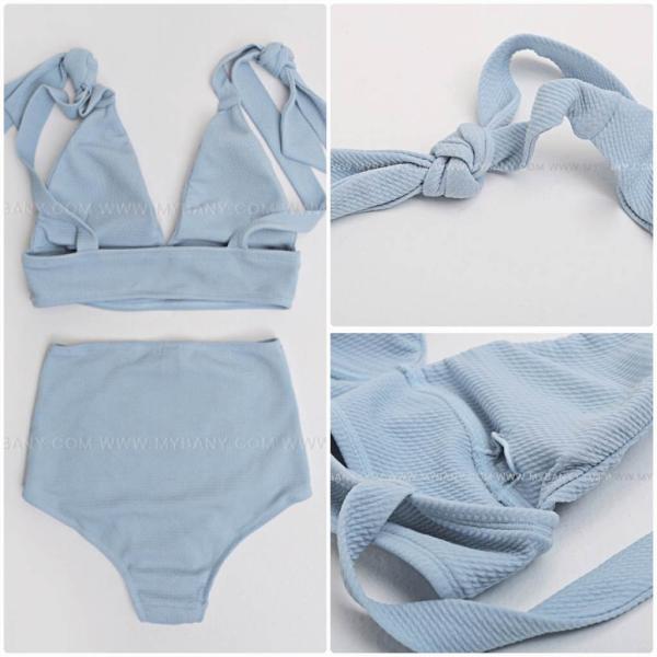 レディース　水着　ビキニ　ハイウエスト　肩リボン　無地　カジュアル　大人可愛い　キュート　セクシー　海　プール　スイミング　スクール　ビーチ　リゾート　マリン　海水浴　ブルー　M　L　XL　送料無料