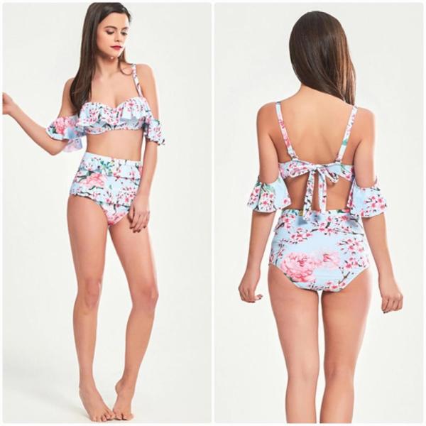 レディース　水着　バンドゥビキニ　花柄　バックリボン　ハイウエスト　カジュアル　大人可愛い　キュート　セクシー　海　プール　スイミング　スクール　ビーチ　リゾート　マリン　海水浴　ホワイト　S　M　L　XL　2XL　送料無料
