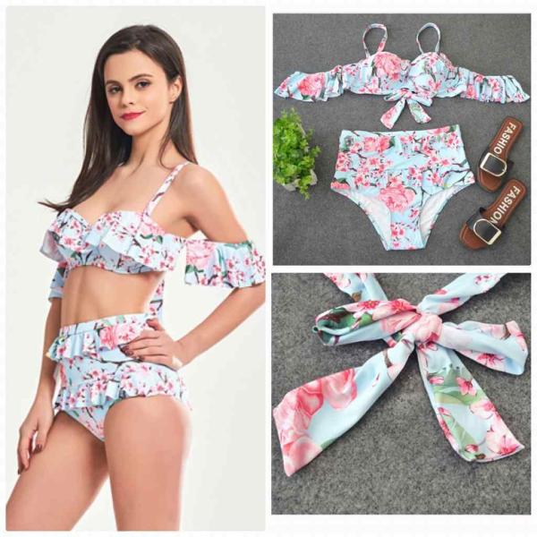 レディース　水着　バンドゥビキニ　花柄　バックリボン　ハイウエスト　カジュアル　大人可愛い　キュート　セクシー　海　プール　スイミング　スクール　ビーチ　リゾート　マリン　海水浴　ホワイト　S　M　L　XL　2XL　送料無料