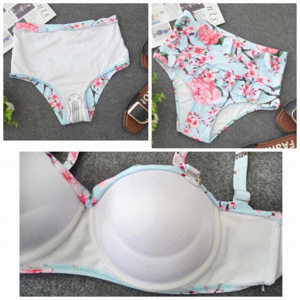 レディース　水着　バンドゥビキニ　花柄　バックリボン　ハイウエスト　カジュアル　大人可愛い　キュート　セクシー　海　プール　スイミング　スクール　ビーチ　リゾート　マリン　海水浴　ホワイト　S　M　L　XL　2XL　送料無料