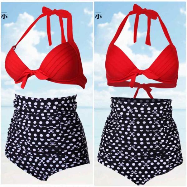 レディース　水着　三角ビキニ　無地　水玉　ハイウエスト　ホルター　カジュアル　大人可愛い　キュート　セクシー　海　プール　スイミング　スクール　ビーチ　リゾート　マリン　海水浴　レッド×ブラック　S　M　L　XL　2XL　3XL　送料無料