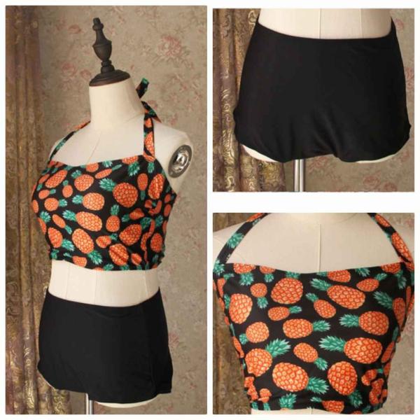 レディース　水着　ホルター　タンキニ　ビキニ　フルーツ柄　無地　ハイウエスト　カジュアル　大人可愛い　キュート　セクシー　海　プール　スイミング　スクール　ビーチ　リゾート　マリン　海水浴　オレンジ×ブラック　M　L　XL　2XL　送料無料