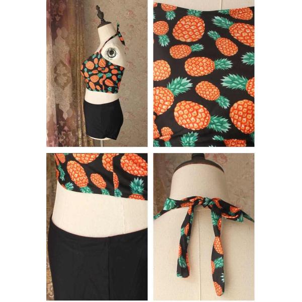 レディース　水着　ホルター　タンキニ　ビキニ　フルーツ柄　無地　ハイウエスト　カジュアル　大人可愛い　キュート　セクシー　海　プール　スイミング　スクール　ビーチ　リゾート　マリン　海水浴　オレンジ×ブラック　M　L　XL　2XL　送料無料