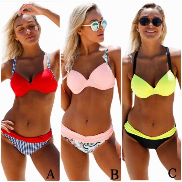 レディース　水着　バンドゥビキニ　無地　チェック　ボーダー　カジュアル　大人可愛い　キュート　セクシー　海　プール　スイミング　スクール　ビーチ　リゾート　マリン　海水浴　レッド　ピンク　イエロー　イエロー　ブルー　S　M　L　XL　送料無料