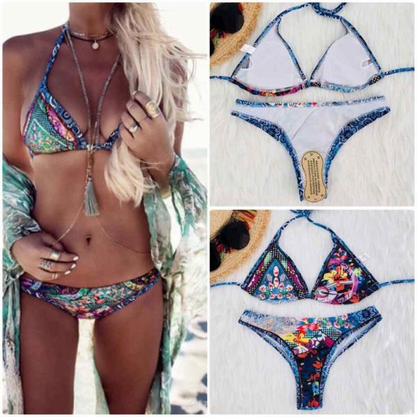 レディース　水着　三角ビキニ　花柄　ホルター　カジュアル　大人可愛い　キュート　セクシー　海　プール　スイミング　スクール　ビーチ　リゾート　マリン　海水浴　ブルー　S　M　L　送料無料