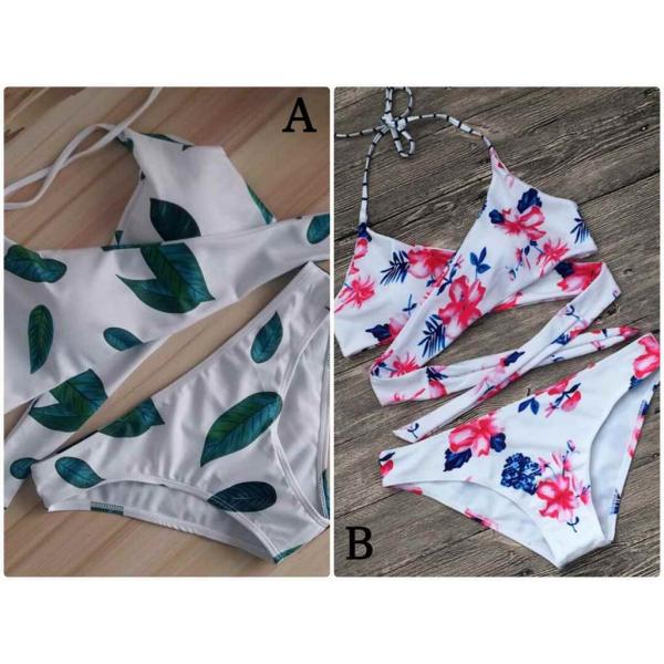 レディース　水着　ビキニ　ホルターネック　花柄　リーフ　海　プール　スイミング　ビーチ　リゾート　マリン　海水浴　夏休み　旅行　可愛い　キュート　セクシー　女性　ホワイト　グリーン　レッド　S　M　L　XL　サイズ　送料無料