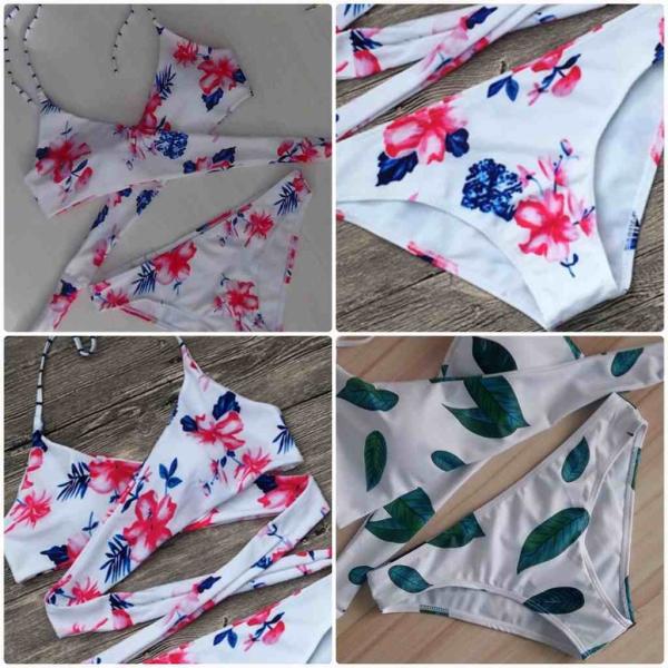レディース　水着　ビキニ　ホルターネック　花柄　リーフ　海　プール　スイミング　ビーチ　リゾート　マリン　海水浴　夏休み　旅行　可愛い　キュート　セクシー　女性　ホワイト　グリーン　レッド　S　M　L　XL　サイズ　送料無料
