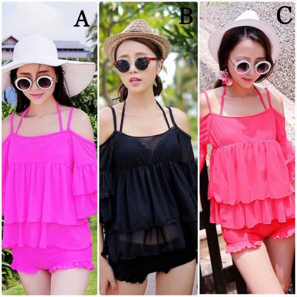 レディース　水着　タンキニ　ビキニ　2点セット　体型カバー　海　プール　スイミング　ビーチ　リゾート　マリン　海水浴　夏休み　旅行　可愛い　キュート　セクシー　女性　ブラック　ピンク　ブラック　M　L　XL　サイズ　送料無料