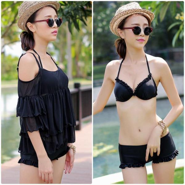 レディース　水着　タンキニ　ビキニ　2点セット　体型カバー　海　プール　スイミング　ビーチ　リゾート　マリン　海水浴　夏休み　旅行　可愛い　キュート　セクシー　女性　ブラック　ピンク　ブラック　M　L　XL　サイズ　送料無料