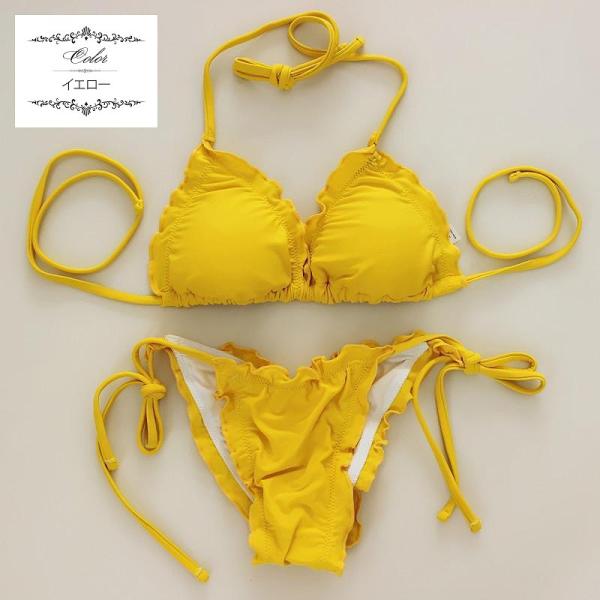 レディース　水着　三角ビキニ　セパレート　ホルターネック　無地　ヒモパン　海　プール　スイミング　ビーチ　リゾート　マリン　海水浴　夏休み　旅行　可愛い　キュート　セクシー　女性　レッド　イエロー　S　M　L　XL　サイズ　送料無料