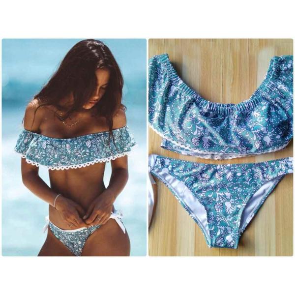 レディース　水着　オフショルビキニ　無地　オフショルダー　フリル　花柄　カジュアル　大人可愛い　キュート　セクシー　海　プール　スイミング　スクール　ビーチ　リゾート　マリン　海水浴　ブルー　XS　S　M　L　XL　送料無料