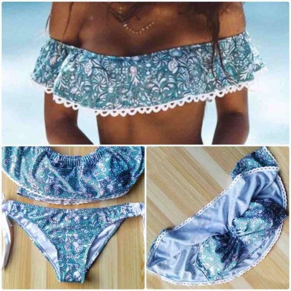 レディース　水着　オフショルビキニ　無地　オフショルダー　フリル　花柄　カジュアル　大人可愛い　キュート　セクシー　海　プール　スイミング　スクール　ビーチ　リゾート　マリン　海水浴　ブルー　XS　S　M　L　XL　送料無料