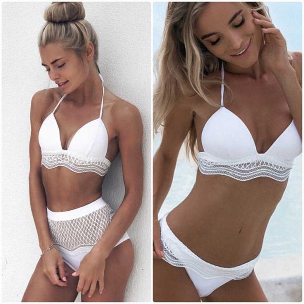 レディース　水着　三角ビキニ　レース　無地　ハイウエスト　カジュアル　大人可愛い　キュート　セクシー　海　プール　スイミング　スクール　ビーチ　リゾート　マリン　海水浴　ブラック　ホワイト　S　M　L　XL　送料無料