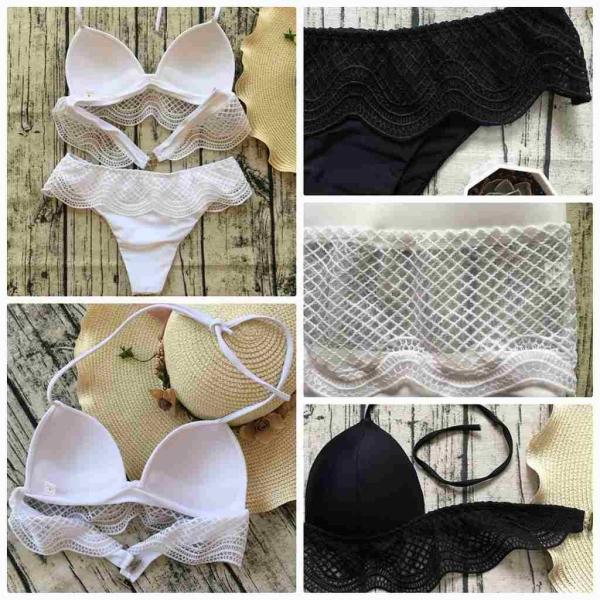 レディース　水着　三角ビキニ　レース　無地　ハイウエスト　カジュアル　大人可愛い　キュート　セクシー　海　プール　スイミング　スクール　ビーチ　リゾート　マリン　海水浴　ブラック　ホワイト　S　M　L　XL　送料無料