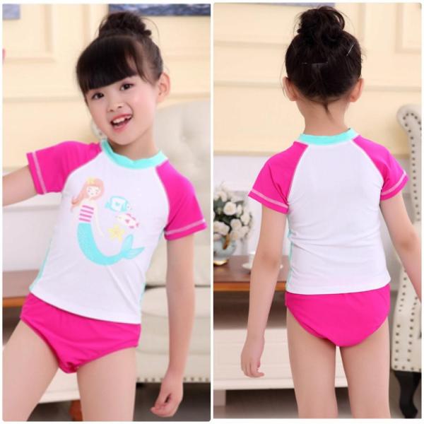 キッズ　ジュニア　女の子　子供　水着　半袖Tシャツ&パンツ　マーメイド柄　日焼け防止　カジュアル　かわいい　キュート　セクシー　海　プール　スイミング　スクール　ビーチ　リゾート　マリン　海水浴　ピンク　91011121314送料無料