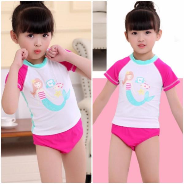 キッズ　ジュニア　女の子　子供　水着　半袖Tシャツ&パンツ　マーメイド柄　日焼け防止　カジュアル　かわいい　キュート　セクシー　海　プール　スイミング　スクール　ビーチ　リゾート　マリン　海水浴　ピンク　91011121314送料無料
