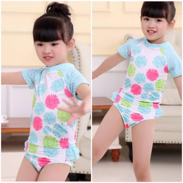 キッズ　ジュニア　女の子　子供　水着　半袖Tシャツ&パンツ　花柄　日焼け防止　カジュアル　かわいい　キュート　セクシー　海　プール　スイミング　スクール　ビーチ　リゾート　マリン　海水浴　ブルー　91011121314送料無料
