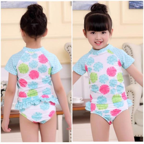 キッズ　ジュニア　女の子　子供　水着　半袖Tシャツ&パンツ　花柄　日焼け防止　カジュアル　かわいい　キュート　セクシー　海　プール　スイミング　スクール　ビーチ　リゾート　マリン　海水浴　ブルー　91011121314送料無料