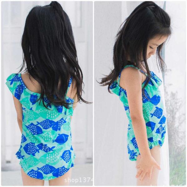 キッズ　ジュニア　女の子　子供　水着　ワンピース　魚柄　フリル　斜めショルダー　カジュアル　かわいい　キュート　海　プール　スイミング　スクール　ビーチ　リゾート　マリン　海水浴　ブルー　665　775　885　95　105　1112125　送料無料