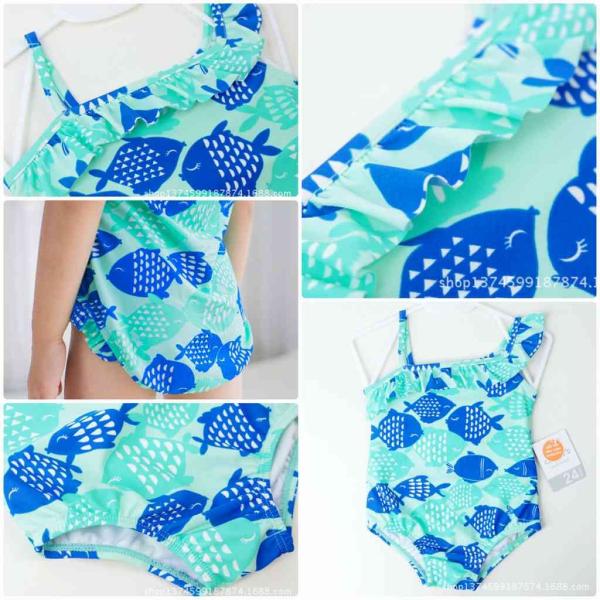 キッズ　ジュニア　女の子　子供　水着　ワンピース　魚柄　フリル　斜めショルダー　カジュアル　かわいい　キュート　海　プール　スイミング　スクール　ビーチ　リゾート　マリン　海水浴　ブルー　665　775　885　95　105　1112125　送料無料
