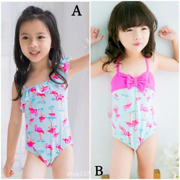 キッズ　ジュニア　女の子　子供　水着　ワンピース　リボン　フリル　フラミンゴ柄　カジュアル　かわいい　キュート　海　プール　スイミング　スクール　ビーチ　リゾート　マリン　海水浴　ブルー　665　775　885　95　105　1112125　送料無料