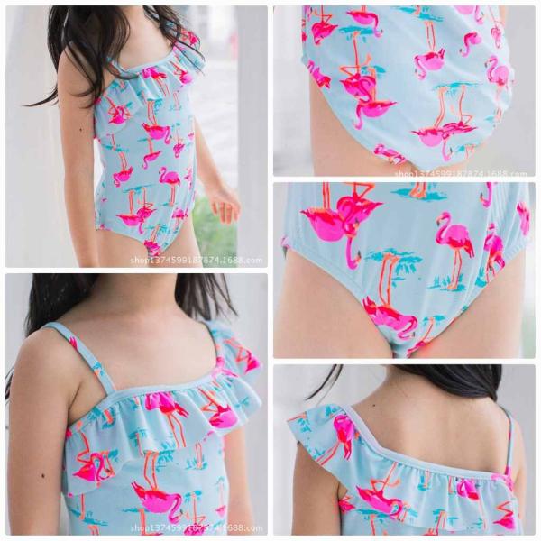 キッズ　ジュニア　女の子　子供　水着　ワンピース　リボン　フリル　フラミンゴ柄　カジュアル　かわいい　キュート　海　プール　スイミング　スクール　ビーチ　リゾート　マリン　海水浴　ブルー　665　775　885　95　105　1112125　送料無料