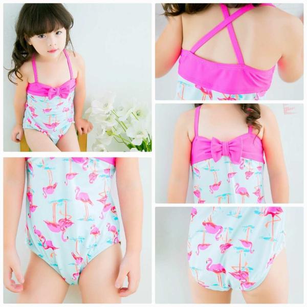 キッズ　ジュニア　女の子　子供　水着　ワンピース　リボン　フリル　フラミンゴ柄　カジュアル　かわいい　キュート　海　プール　スイミング　スクール　ビーチ　リゾート　マリン　海水浴　ブルー　665　775　885　95　105　1112125　送料無料