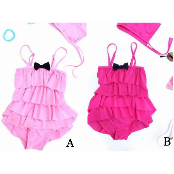 キッズ　ジュニア　女の子　子供　水着　ワンピース　帽子付き　ティアード　無地　フリル　リボン　カジュアル　かわいい　キュート　海　プール　スイミング　スクール　ビーチ　リゾート　マリン　海水浴　ピンク　M　L　XL　2XL　送料無料