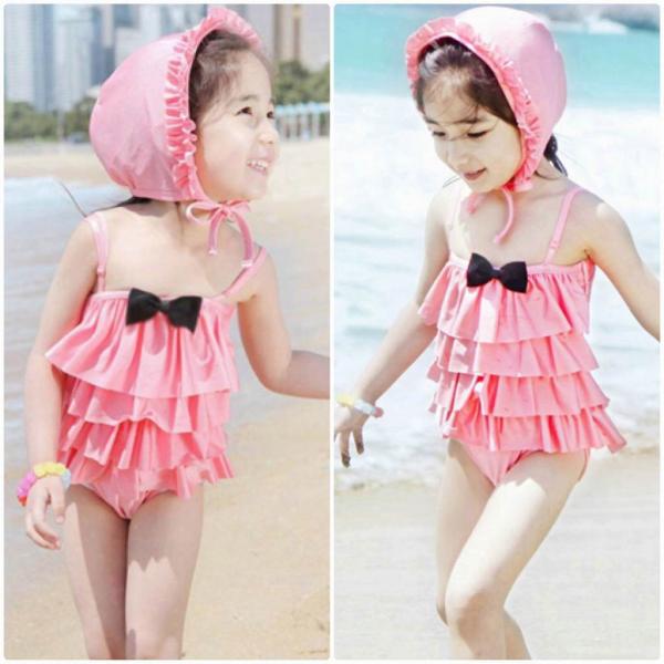 キッズ　ジュニア　女の子　子供　水着　ワンピース　帽子付き　ティアード　無地　フリル　リボン　カジュアル　かわいい　キュート　海　プール　スイミング　スクール　ビーチ　リゾート　マリン　海水浴　ピンク　M　L　XL　2XL　送料無料