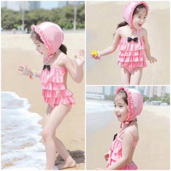 キッズ　ジュニア　女の子　子供　水着　ワンピース　帽子付き　ティアード　無地　フリル　リボン　カジュアル　かわいい　キュート　海　プール　スイミング　スクール　ビーチ　リゾート　マリン　海水浴　ピンク　M　L　XL　2XL　送料無料