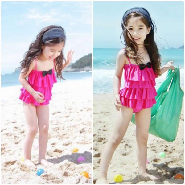 キッズ　ジュニア　女の子　子供　水着　ワンピース　帽子付き　ティアード　無地　フリル　リボン　カジュアル　かわいい　キュート　海　プール　スイミング　スクール　ビーチ　リゾート　マリン　海水浴　ピンク　M　L　XL　2XL　送料無料