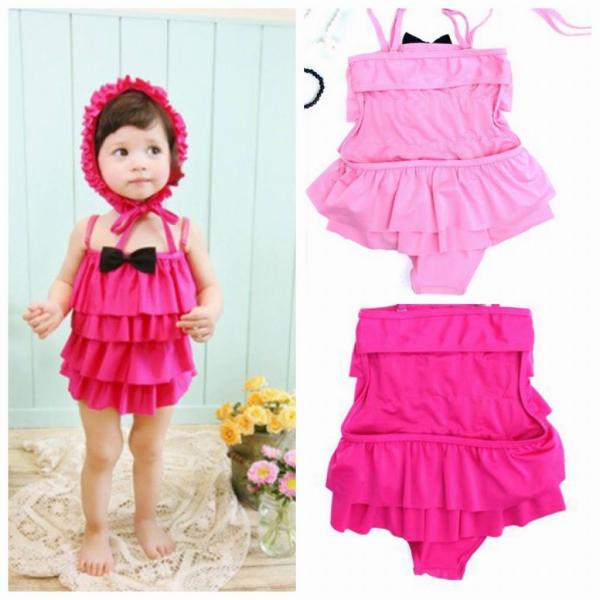 キッズ　ジュニア　女の子　子供　水着　ワンピース　帽子付き　ティアード　無地　フリル　リボン　カジュアル　かわいい　キュート　海　プール　スイミング　スクール　ビーチ　リゾート　マリン　海水浴　ピンク　M　L　XL　2XL　送料無料