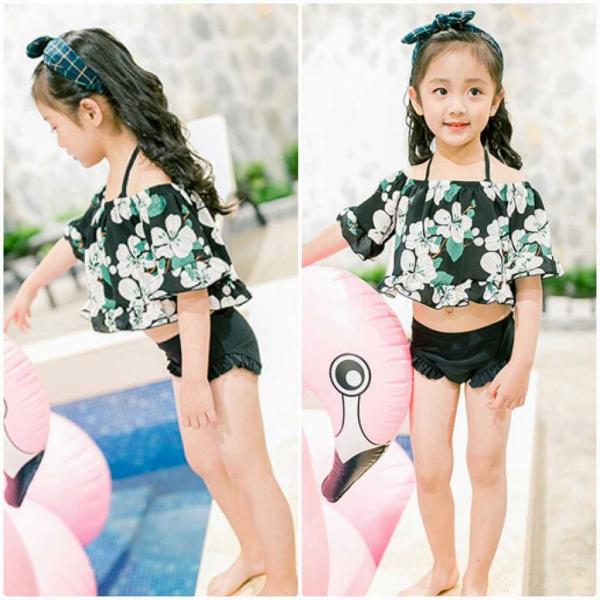 キッズ　ジュニア　女の子　子供　水着　三角ビキニ　トップス　日焼け防止　花柄　カジュアル　かわいい　キュート　海　プール　スイミング　スクール　ビーチ　リゾート　マリン　海水浴　ブラック　S　M　L　XL　送料無料