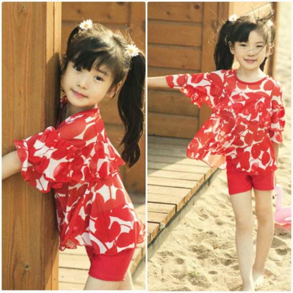 キッズ　ジュニア　女の子　子供　水着　セパレート　ツーピース　日焼け防止　リーフ柄　フリル　カジュアル　かわいい　キュート　海　プール　スイミング　スクール　ビーチ　リゾート　マリン　海水浴　ブラック　レッド　M　L　XL　送料無料