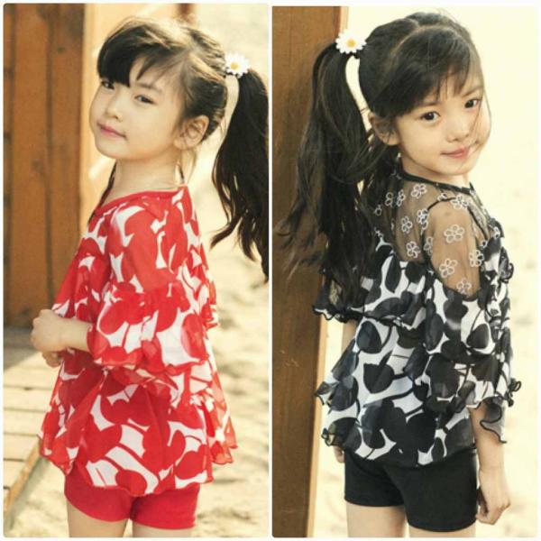 キッズ　ジュニア　女の子　子供　水着　セパレート　ツーピース　日焼け防止　リーフ柄　フリル　カジュアル　かわいい　キュート　海　プール　スイミング　スクール　ビーチ　リゾート　マリン　海水浴　ブラック　レッド　M　L　XL　送料無料