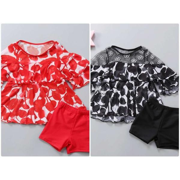 キッズ　ジュニア　女の子　子供　水着　セパレート　ツーピース　日焼け防止　リーフ柄　フリル　カジュアル　かわいい　キュート　海　プール　スイミング　スクール　ビーチ　リゾート　マリン　海水浴　ブラック　レッド　M　L　XL　送料無料