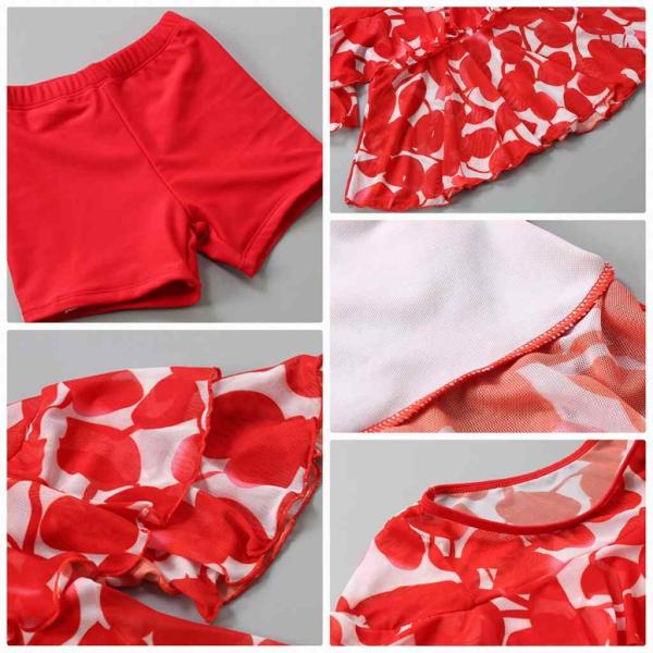 キッズ　ジュニア　女の子　子供　水着　セパレート　ツーピース　日焼け防止　リーフ柄　フリル　カジュアル　かわいい　キュート　海　プール　スイミング　スクール　ビーチ　リゾート　マリン　海水浴　ブラック　レッド　M　L　XL　送料無料