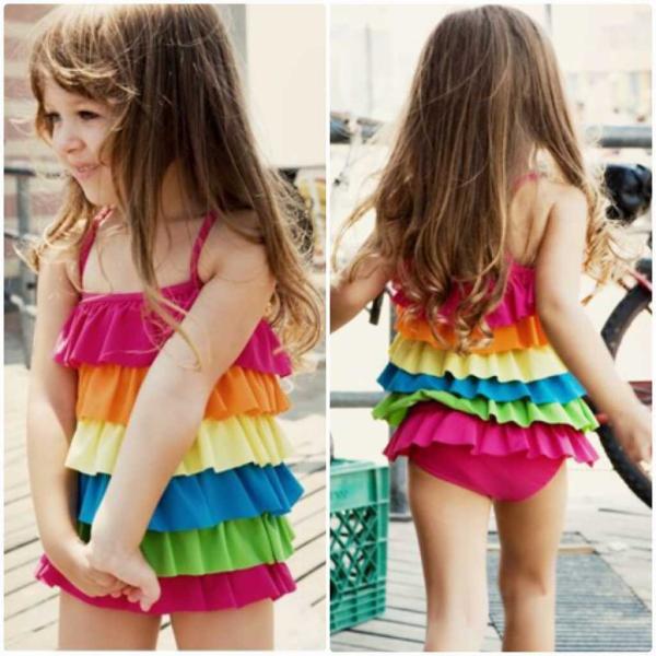 キッズ　ジュニア　女の子　子供　水着　ワンピース　ティアード　無地　フリル　カジュアル　かわいい　キュート　海　プール　スイミング　スクール　ビーチ　リゾート　マリン　海水浴　レインボー　S　M　L　XL　2XL　送料無料