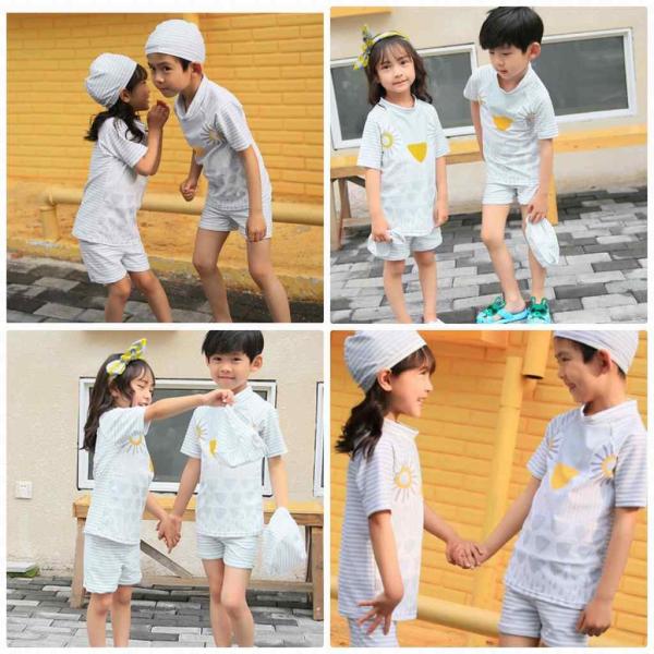 キッズ　ジュニア　女の子　男の子　子供　水着　半袖Tシャツ&ショートパンツ　帽子付き　日焼け防止　ボーダー　カジュアル　かわいい　キュート　海　プール　スイミング　スクール　ビーチ　リゾート　マリン　海水浴　ホワイト　S　M　L　XL　2XL　送料無料